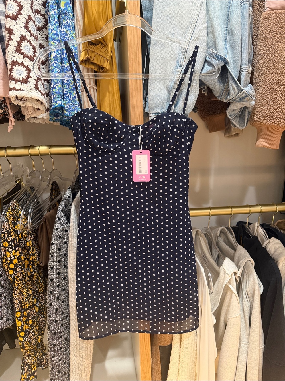Edikted Navy and White Polka Dot Mini Dress with Spaghetti Straps